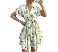 LCDIUDIU Mini Chiffonkleid mit Blumenmuster für Damen,Wickeloptik,V Ausschnitt,Kurze,Flatternde Ärmel,Gürtel,Gestufte Rüschen,A Linie,Elegantes,Fließendes Sommerkleid für Hochzeitsgäste,Stran