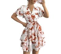 LCDIUDIU Mini Chiffonkleid mit Blumenmuster für Damen,Wickeloptik,V Ausschnitt,Kurze,Flatternde Ärmel,Gürtel,Gestufte Rüschen,A Linie,Elegantes,Fließendes Sommerkleid für Hochzeitsgäste,Stran