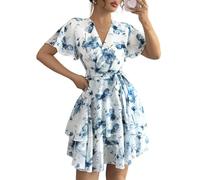 LCDIUDIU Mini Chiffonkleid mit Blumenmuster für Damen,Wickeloptik,V Ausschnitt,Kurze Flügelärmel,Gürtel,Stufenrüschen,A Linie,Elegantes,Fließendes Sommerkleid für Hochzeitsgäste,Strandurlaub