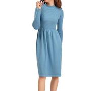 LCDIUDIU Pulloverkleider Für Damen Geripptes Strickkleid Midi-Elegantes Langarmkleid Modische Rundhals-Pullover-Kleider A-Linie Swing-Tunika-Kleid Herbst-Winter-Strickpullover Hellblau L