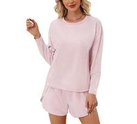 LCDIUDIU Pyjama Set Mit Shorts Und Top für Damen, Grün, Rundhalsausschnitt, Gestreift, Langarm, Tunika, T Shirt, Shorts Mit Elastischer Taille, Zweiteilige Sets, Lässig, Bequem, Loungewear, Co O