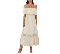LCDIUDIU Schulterfreies Maxikleid für Damen mit Rüschen,Geraffter Taille,Lochspitze,Fließendem A Linien Schnitt Und Stufenrock Im Boho Stil EIN Lässiges,Langes Sommerkleid für Strandurlaub Und