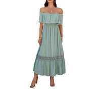 LCDIUDIU Schulterfreies Maxikleid für Damen,Rüschen,Geraffte Taille,Durchbrochene Spitze,Fließendes A Linien Kleid mit Stufenrock,Boho Stil,Lässiges Sommerkleid für Strandurlaub,Hochzeitsgast,G
