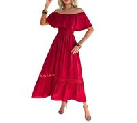 LCDIUDIU Schulterfreies Maxikleid für Damen,Rüschen,Geraffte Taille,Durchbrochene Spitze,Fließendes A Linien Kleid mit Stufenrock,Boho Stil,Lässiges Sommerkleid für Strandurlaub,Hochzeitsgast,R