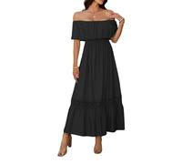 LCDIUDIU Schulterfreies Maxikleid für Damen,Rüschen,Geraffte Taille,Durchbrochene Spitze,Fließendes A Linien Kleid mit Stufenrock,Boho Stil,Lässiges Sommerkleid für Strandurlaub,Hochzeitsgast,S