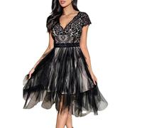 LCDIUDIU Schwarzes, Gestuftes Maxikleid Aus Spitze Und Tüll für Damen mit Kurzen Ärmeln, Tiefem V Ausschnitt, Sexy Rückenfreiem Schnitt, Asymmetrischem, Mehrlagigem Mesh Einsatz In A Linie Und F