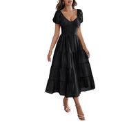 LCDIUDIU Schwarzes,Kurzes,Gestuftes Maxikleid mit Puffärmeln,Herzausschnitt,Rückenfreiem Schnitt Und Bindebändern. Das Fließende A Linien Kleid mit Struktur Ist Ideal für Den Sommer,Strandurlau