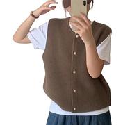 LCDIUDIU Strickwesten Für Damen Rundhalspullover Weste Ärmellose Damenpullover Knopf-Cardigan Strickweste Oberteil Lässig Kurzes Strick-Tanktop Weicher Winter-Kaschmirpullover Kaffee M