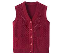 LCDIUDIU Sweater Vest,Damen Strickwesten Vintage Verdicken Burgunder Jacquard Perlen V-Ausschnitt Tasche Strickjacke Weste Herbst Locker Weich Ärmellos Strick Tank Top Ältere Damen Weste,XL