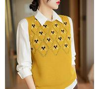 LCDIUDIU Sweater Vest,Damen Wolle Strickpullover Weste Vintage Gelb Geometrie Rhombus Jacquard Rundhals Ärmellos Pullover Gilets Winter Schlanke Weiche Pullover Strick Tank Top Cami Weste,L