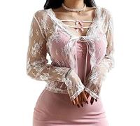 LCDIUDIU Vesten Dames,Women's Sexy Sheer Bolero Elegante Kant Bloemen Gehaakte Bolero Zomer Vest Open Stropdas Dames Licht Jasje Lange Mouwen Mesh Bolero Y2K Streetwear Cover-Up Voor Meisjes,White,M