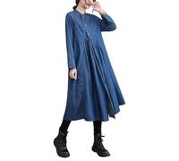 LCDIUDIU Winterkleid Damen, Damen-Jeanskleid Dunkelblau Locker Lange Ärmel Zweireihig Freizeitkleid Elegant Gespleißt A-Linie Gerüscht Midikleid Herbst Vintage-Waschung Verblasste Jeanskleider XL
