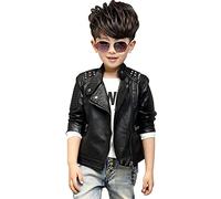 LCIGIA Jungen Lederjacke Kinder PU Jacke mit Nietenverzierung Motorrad Bikerjacke Stehkragen Lederjacken Frühling Herbst, Schwarz, 128-134