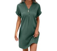 LCpddajlspig Damen Musselin Kleid, Musselin Kleid Damen Sommerkleid Mit Taschen Blusenkleid Strandkleid Mit Knopfleiste Kurzarm Musselinkleid Kleider Sommer Knielang Luftige Hemdblusenkleid Grün M