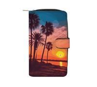 LDGSUPH Palm Tree Sunset Leder Lange Geldbörse Erwachsene Reise Reißverschluss Lange Geldbörse Multifunktionaler Kreditkartenhalter 12 Kartenfächer