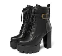LDXEQIZ Damen Gothic Schnürstiefel Plateau Stiefeletten Mit Blockabsatz Chelsea Ankle Boots Mit Schnalle PU-Leder Knöchel Schuhe 11.5cm High Heels Warm Plüsch Gefüttert Schneestiefel(Black,37 EU)