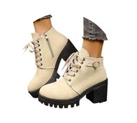 LDXEQIZ Damen Gotisch Schnürstiefel Blockabsatz Ankle Boots Wildleder Plateau Stiefeletten Mit Schnallen Biker Booties Mit Reißverschluss Freizeit Knöchel Schuhe Für Outdoor, Party(Beige,41 EU)
