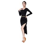 LDXEQIZ Damen Latein Salsa Tanzröcke Für Training Wettbewerb,Irreguläre Rüschen Latin Dance Skirt,Sexy Schlitz Tanzkleid Für Walzer, Tango,Jazz,Salsa, Rumba(Black,L)