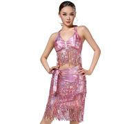 LDXEQIZ Damen Latein Tanzkleid Mit Fransen Erwachsene Pailletten Dance Skirt Für Salsa,Tango,Cha Cha,Rumba, Professional Tanzröcke Für Training Wettbewerb, Bauchtanz Hüfttuch(Pink)