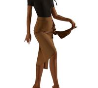 LDXEQIZ Damen Latein Tanzröcke Für Training,Erwachsene Schlitz Dance Skirt Für Salsa,Tango,Cha Cha,Rumba,Jazz,Irreguläre Rüschen Tanzkleid Für Ballsaal,Bauchtanz Hüfttuch(Brown,S)