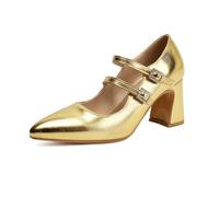 LDXEQIZ Damen Mary Janes Pumps Mit Blockabsatz Sexy PU-Lackleder High Heel Mit Pointed Toe Elegant Sandalen Mit Doppelter Knöchelriemen Bequem Abendschuhe Für Büro,Party, Hochzeit(Gold,37 EU)
