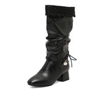 LDXEQIZ Halbschaft Stiefel Mit Lacepatchwork Damen PU-Leder Boots Mit Perlenkette Herbst Winter High Heels Große Größe Stiefeletten Mit Blockabsatz Elegant Schlupfschuhe Für Braut(Black,42 EU)