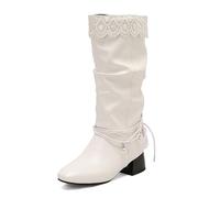 LDXEQIZ Halbschaft Stiefel Mit Lacepatchwork Damen PU-Leder Boots Mit Perlenkette Herbst Winter High Heels Große Größe Stiefeletten Mit Blockabsatz Elegant Schlupfschuhe Für Braut(White,40 EU)
