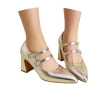 LDXEQIZ Mary Janes Pumps Mit Pointed Toe Damen Glänzend Sandalen Mit Strassschnalle Bequem Abendschuhe Mit Blockabsatz Sexy PU-Lackleder High Heel Für Büro,Party, Hochzeit(Silver,41 EU)