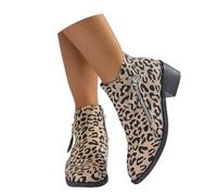 LDXEQIZ Retro Kurz Stiefel Mit Niedrige Absätze Damen Große Größe Stiefeletten Elegant Chelsea Ankle Boots Wildleder Booties Mit Leopardenmuster Frauen Knöchel Schuhe Für Outdoor Party(Beige,42 EU)