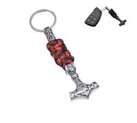 LDZDGD Viking Schlüsselanhänger mit Thors Hammer für Herren, Mjölnir-Anhänger aus Edelstahl mit Paracord, Nordisches Autozubehör(Style 3 Red)