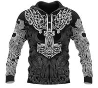 LDZDGD Wikinger-Kapuzenpullover mit Keltischem Hammer, Nordische Mythologie, Mjolnir-Tattoo-Sweatshirt, Vintage-lässige Streetwear für Herren(3XL)