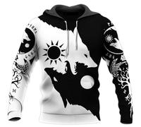 LDZDGD Wikinger-Kapuzenpullover mit Yin Yang Wolf, 3D-Druck, Nordische Mythologie, Söhne von Fenrir, Skoll und Hati-Tattoo, Pullover-Sweatshirt(L)