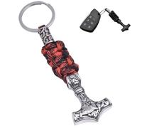LDZDGD Wikinger Thors Hammer Schlüsselanhänger für Herren, Mjölnir Anhänger mit Paracord, Nordische Mythologie Edelstahl Autoschlüsselanhänger, Geschenkidee für Nordmänner(Red)