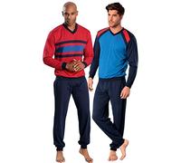 Pyjama LE JOGGER, Herren, Gr. 56/58, bunt (rot, marine, blau, marine), Jersey, Obermaterial: 100% Baumwolle, unifarben mit Farbeinsätzen, Basic, bequem lang, V-Ausschnitt, angesetztes Bündchen, Homewe