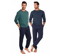 Pyjama LE JOGGER, Herren, Gr. 44/46, bunt (petrol, marine), Jersey, Obermaterial: 100% Baumwolle, gestreift, Basic, bequem lang, Rundhals, angesetztes Bündchen, Homewear-Sets Pyjama, Schlafanazug lang