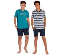 Pyjama LE JOGGER, Kinder, Gr. 146/152, bunt (petrol, marine, grau, meliert, marine), Jersey, Obermaterial: 100% Baumwolle, gestreift, bedruckt, Basic, lässig geschnitten kurz, Rundhals, Kurzarm abgest