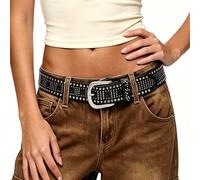 LEACOOLKEY Damen Nieten Gürtel Western Ledergürtel Punk Rock Nietengürtel Y2K Gürtel Jeansgürtel Metall Punk-Ledergürtel für Jeans Hosen Schwarz 130cm
