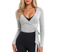 LEACOOLKEY Wrap Top Ballet Damen Wickeloberteil Yoga Pilates Long Sleeve Sport Shirt V-Neck Blouse Slim Fitted Clothing Grau M