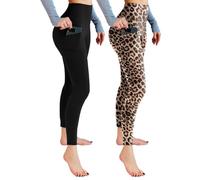 Leafigure 2er Pack Sport Leggings Damen High Waist Sporthose Damen Mit Taschen Gym Leggings Blickdicht für Sport Yoga Schwarze/Leopard SM