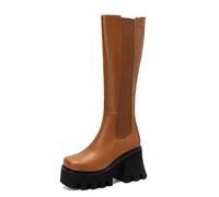 LeaHy Women's Platform Boots Zip Mid Calf Boots Block Heel High Heels Boots Side Stretch Chelsea Boots,Braun,38 EU