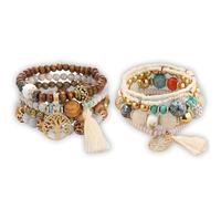 Lebensbaum Armband Set - Boho Damen Holzperlen Quaste mit Baum des Lebens Charm, Chakra und Natürliches Kristall-Heilsteine für Frauen