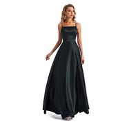 Lecureler Satin Spaghettiträger Abiballkleid, Schwarz , 42