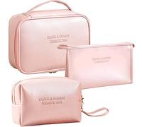 LEcylankEr 3 Pcs Kosmetiktasche Damen Tragbare Reise Make up Tasche PU Wasserdicht Schminktasche Damen Kulturbeutel (Rosa)