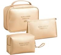 LEcylankEr 3 Pcs Kosmetiktasche Damen Tragbare Reise Make up Tasche PU Wasserdicht Schminktasche Damen Kulturbeutel (Gold)