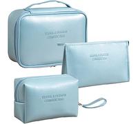 LEcylankEr 3 Pcs Kosmetiktasche Damen Tragbare Reise Make up Tasche PU Wasserdicht Schminktasche Damen Kulturbeutel (Blau)