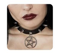 Leder Choker Damen Pentagramm Anhänger Choker Einstellbar PU Leder Halskette Set Metall Ring Halsband Schwarz Punk Rock Gothic Halsband Kragen mit Kreis Herz für Frauen Zubehör
