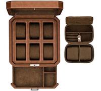 Leder-Geschenkset mit 6 Fächern und Schublade für Herren, Luxus-Uhrengehäuse, Display-Organizer, Mikro-Wildlederfutter, abschließbare Schmuckschatulle, Aufbewahrungsboxen, großes Glas, Hellbraun/Braun