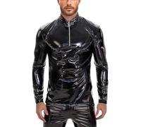 Leder Lack Latex Optik Schwarz Männer Langarmshirt Männer Dessous Latex Top Muskel Top Shirt Langarm Stretch Hemd Tops Clubwear Gay Langarmshirt Herren Swingerclub Freizeithemd