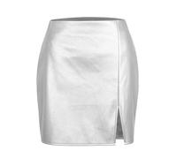 Leder Rock für Damen 90er Jahre Faltenrock Pailettenrock Stretch Party Metallic Silber Hohe Taille Mini Glitzer Rave Lack Pailletten Lederrock