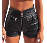 Leder Shorts Damen Schwarz Lederhose Damen Stretch Kurze Hose Damen Sommer Sexy Zipper Slim Fit Hotpants Clubwear Lederimitat Ledershorts PU Lederoptik Kunstlederhose Motorrad Hosen Ledershorts